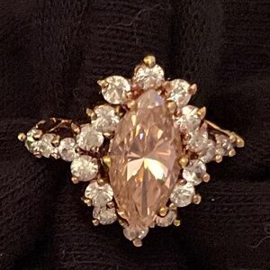 Sterling Ring Gold Tone Finish Pink Marquise-Cut Center Clear Round Rhinestones